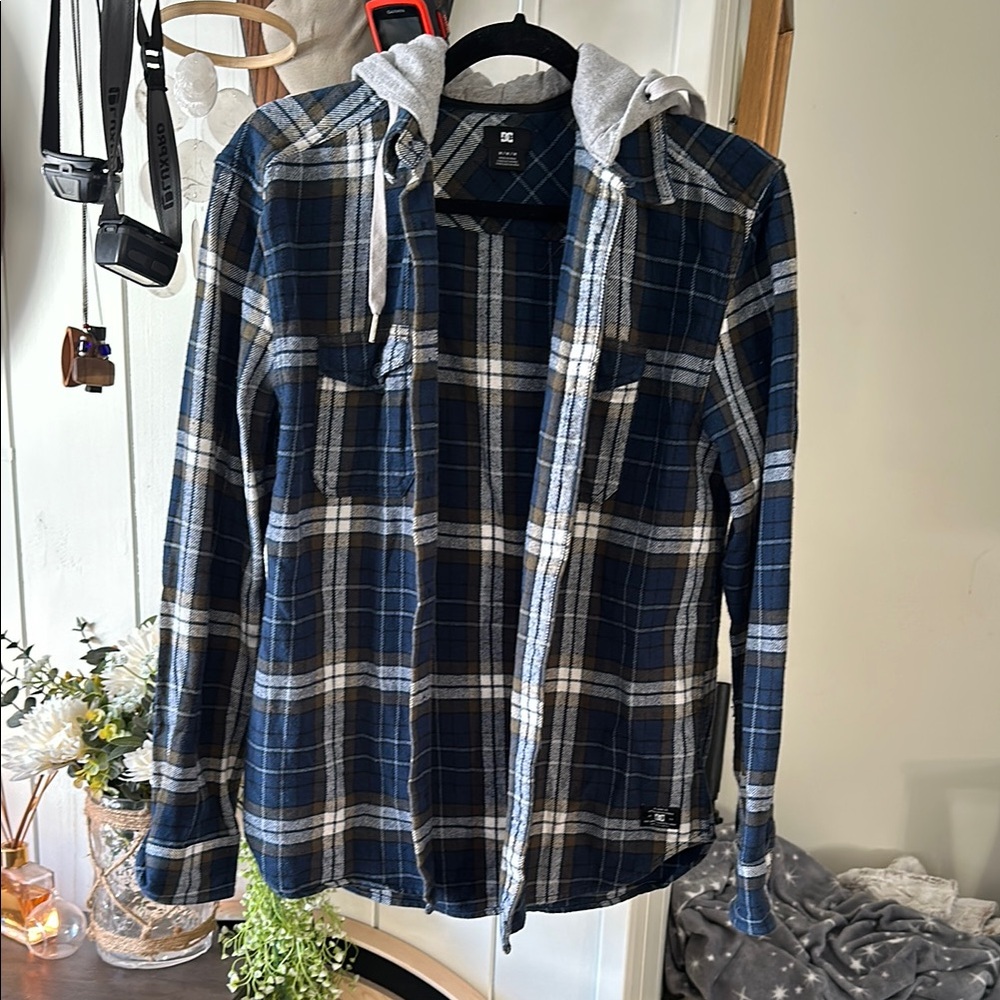 DC Plaid Hoodie Shirt - Blue and Gray